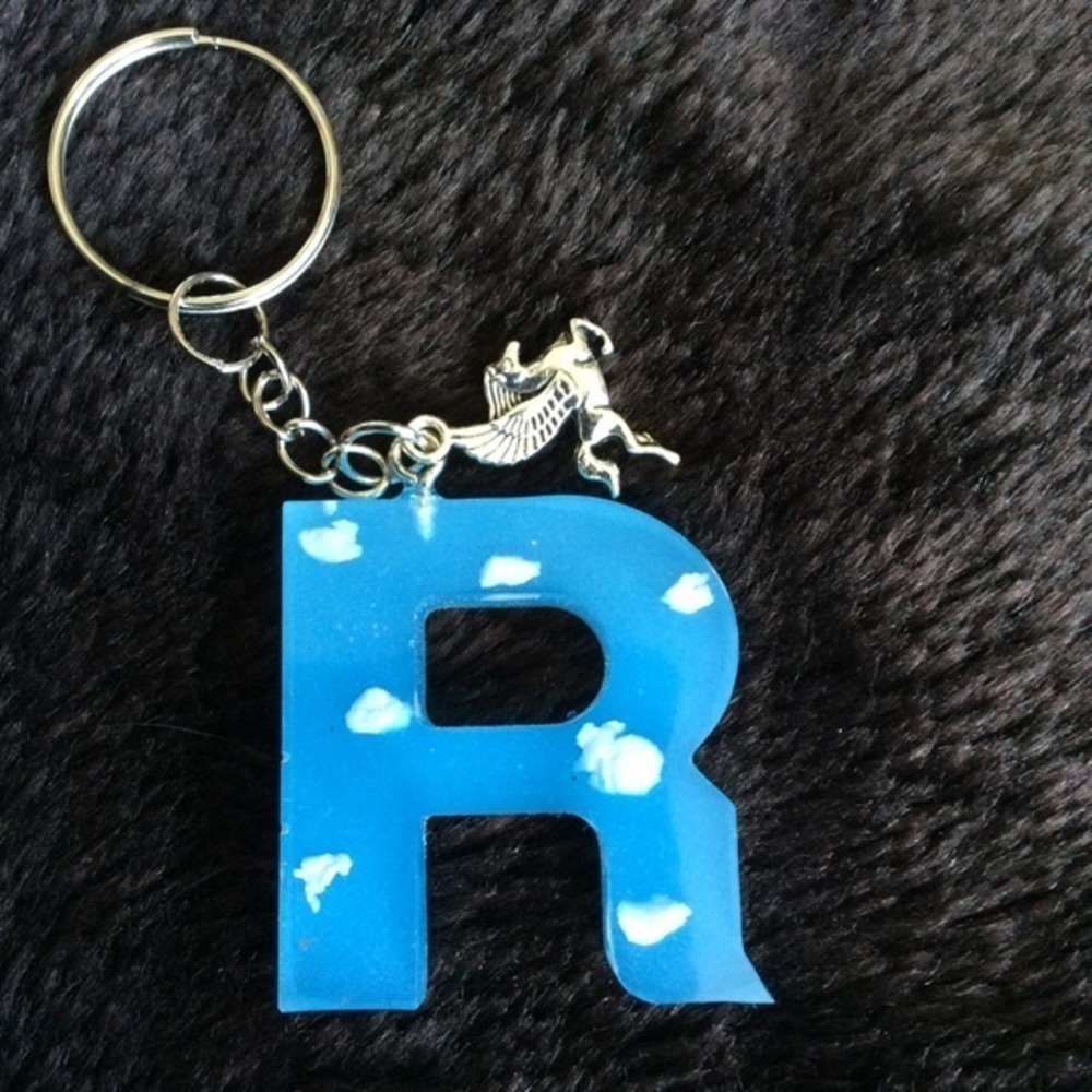 Handmade Letter R with Pegasus Clouds Sky Keychain